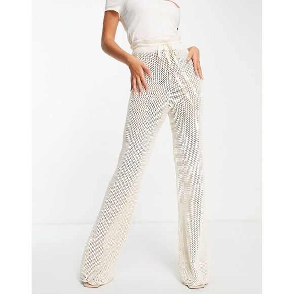 Crochet Drawstring Waist Cover-Up Beach Pants in Ecru - M | Medium - Picture 1 of 7